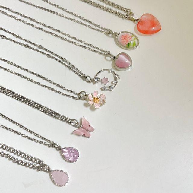 [써지컬스틸체인,길이선택가능]로즈쿼츠 핑크 원석 하트 물방울 나비 플라워 달 펜던트 목걸이 or팔찌 8type