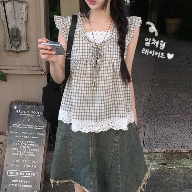 슈앤샵 [부유방커버🪄일체형]민소매 체크 프릴퍼프나시(모리걸 여름옷 키작녀 뷔스티에 오버핏빅사이즈 슬리브리스원피스 이너크롭 남방셔츠 블라우스스퀘어넥 반팔레이어드 Y2K빈티지상의)
