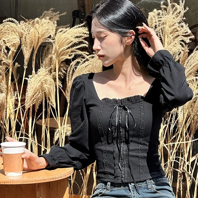 [더블콩made/발레코어/긴팔추가]빈티지 레이스 스퀘어넥 크롭티