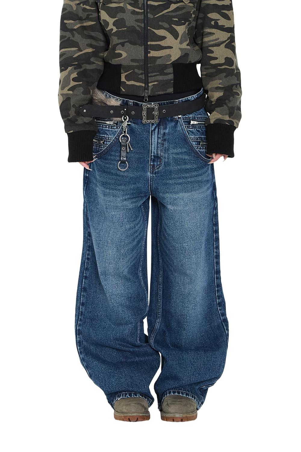 [12.26 예약 배송] Double Zippered Denim Pants (Blue)