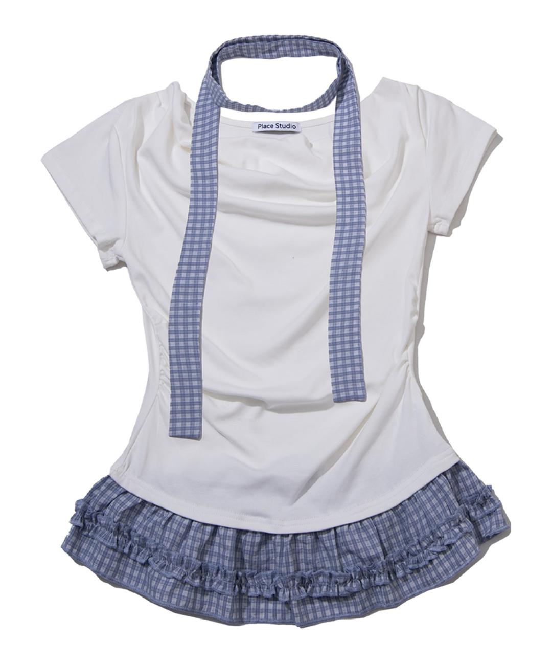 체크 타이 & 핀턱 체크 프릴 오프숄더 슬리브 반소매 티셔츠 _2COLOR