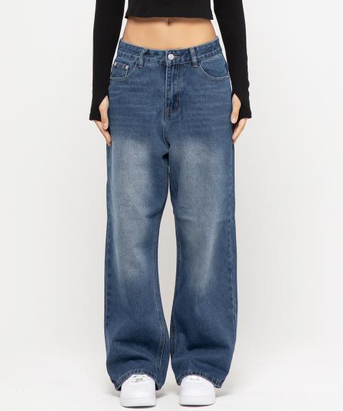 우먼즈 세미 와이드 워싱  데님팬츠[베이직블루]