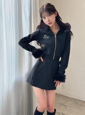 ファー付きパーカー×ミニスカートスウェットセットアップ[pm413]