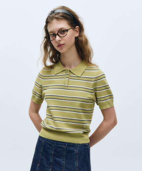 W HALF SLEEVE STRIPE POLO KNIT olive