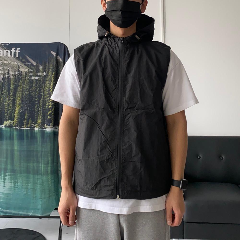Rt 나일론 후드 조끼 4color - 레이어드 블랙 집업 바람막이 베스트