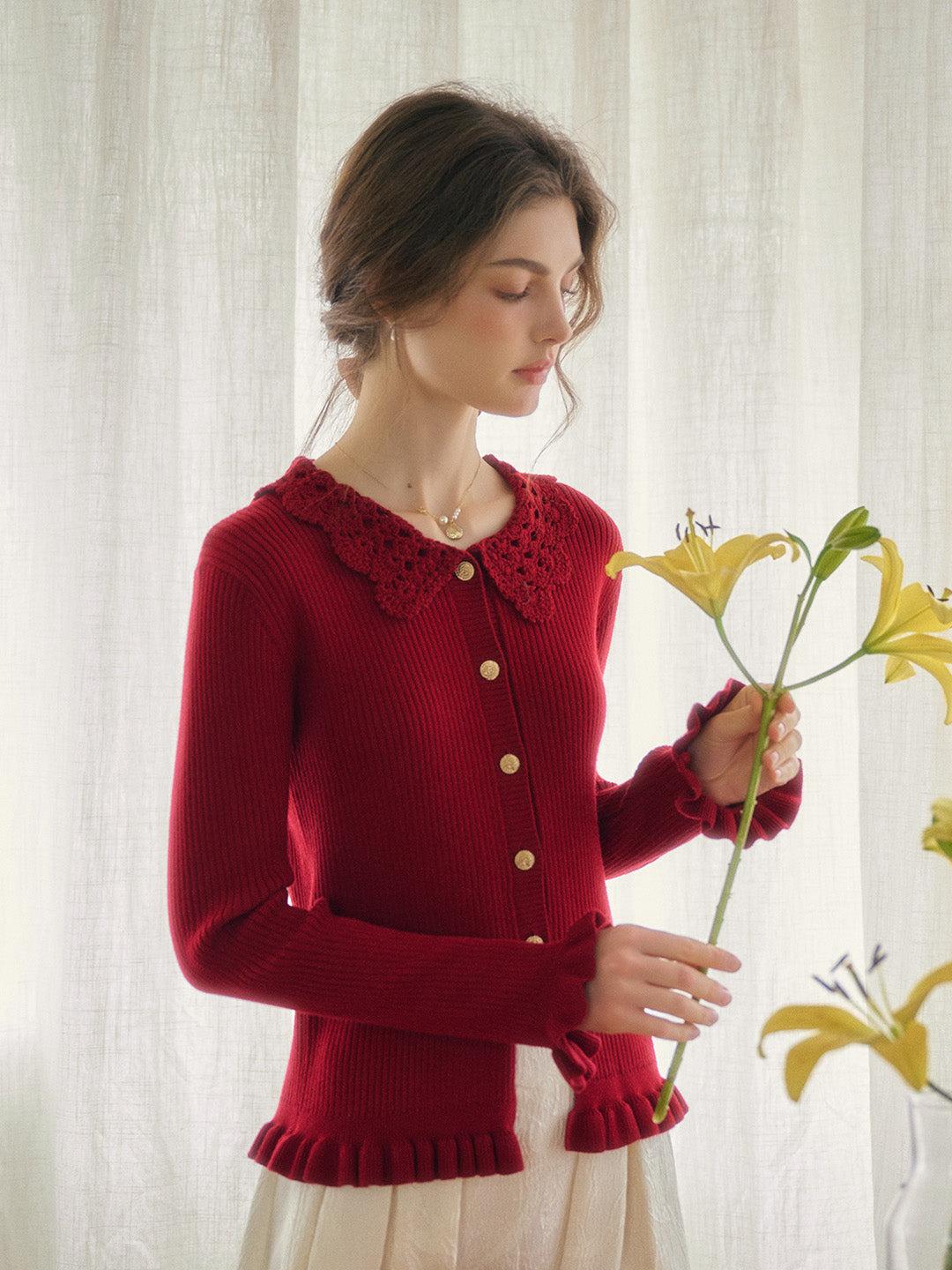 Jocelyn Red Round Neck Knit Wool Cardigan - Red / S