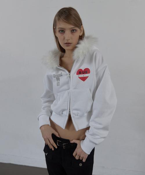 FUR TRIMMING HOODED ZIP-UP / WHITE