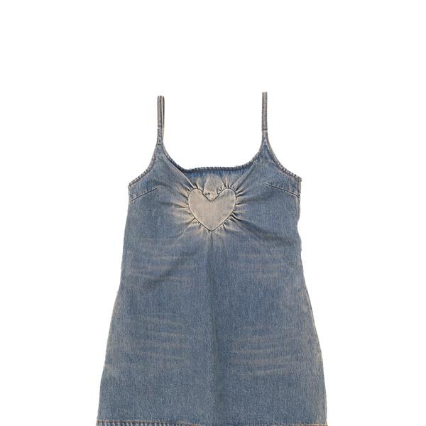 HEART GATHERED DENIM MINI DRESS - VINTAGE WASHED BLUE DENIM