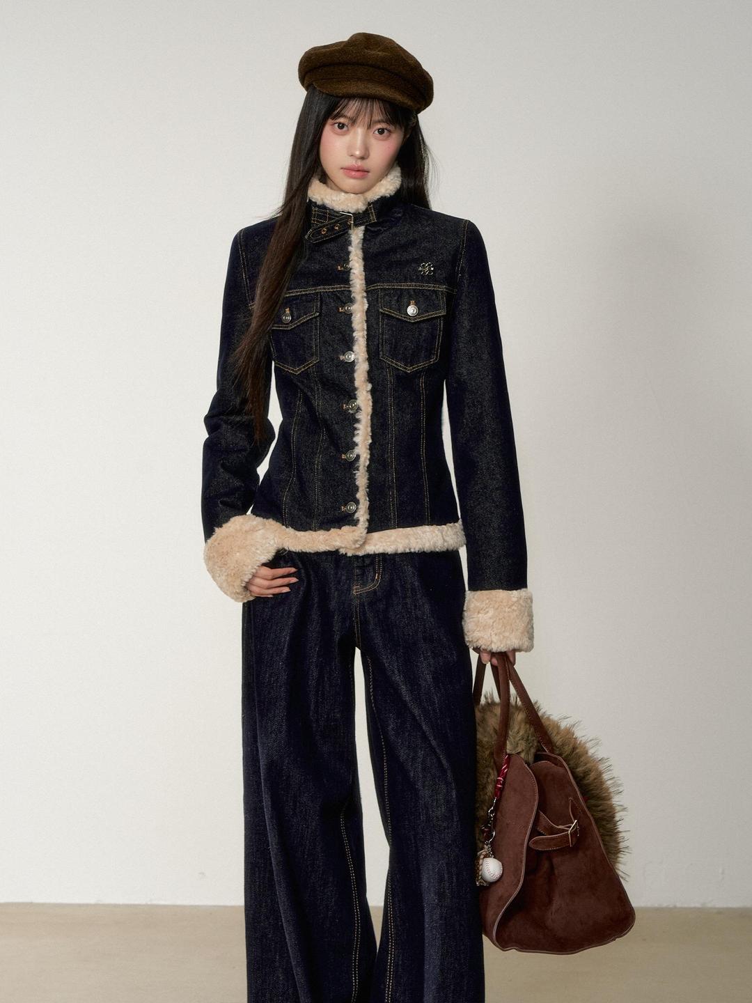 여성 데님 배색 하이넥 플 숏패딩 겨울 두꺼운 허리벨트