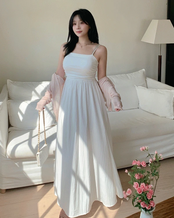 [무료배송]퓨어리 옆셔링 허리쏙 플레어 나일론 뷔스티에 나시 롱원피스 2color