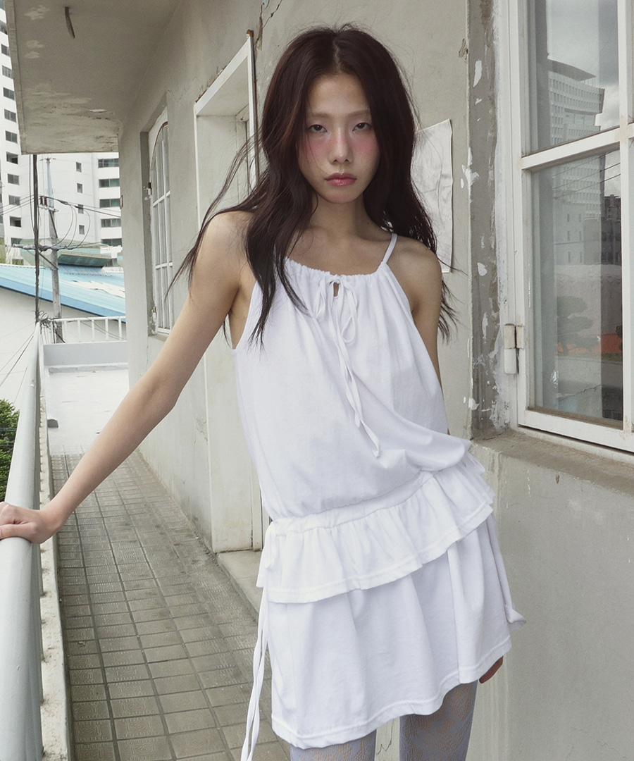 Shirring Frill Layered Sleeveless White