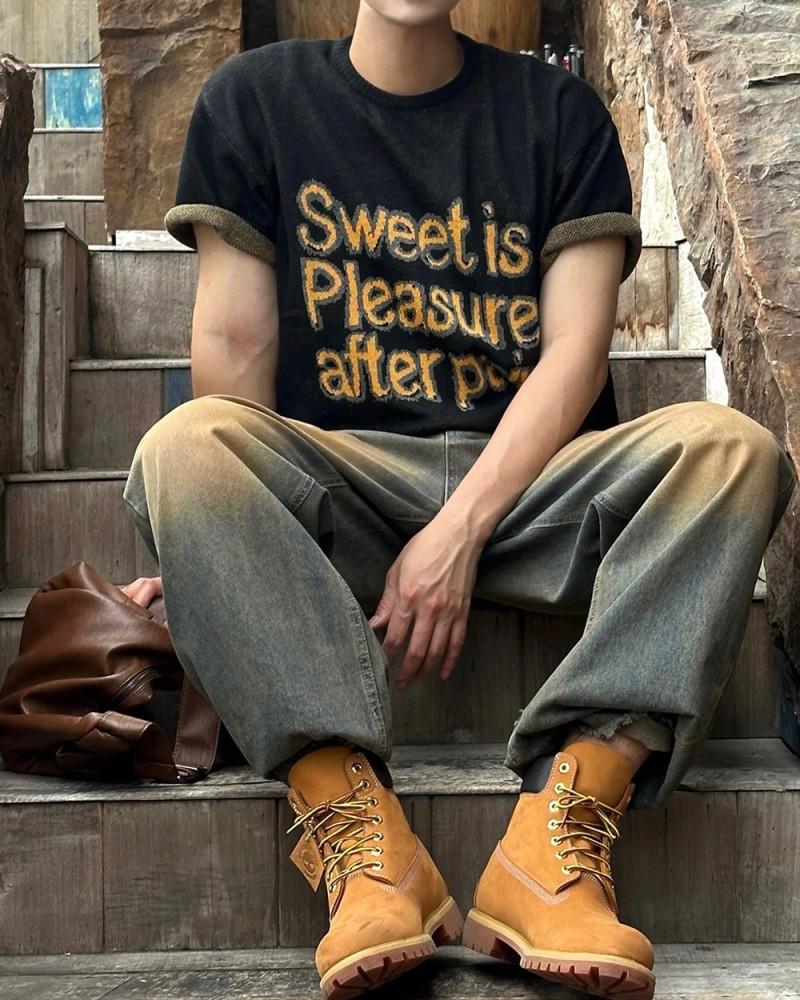 Scent Jacquard Knit,남자 여름 자가드 레터링 로고 커플 반팔 티셔츠 니트