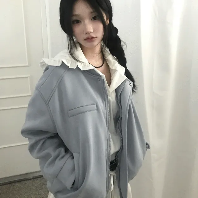 [색감대박🩶/핏보장] 이유 스웨이드 배색 카라 블루종 자켓