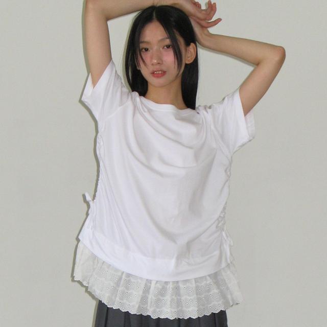 TORCHON LACE SHIRRING LAYERED LONG T SHIRT WHITE