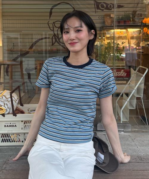(W)스트라이프 보더 크롭티 스카이 블루