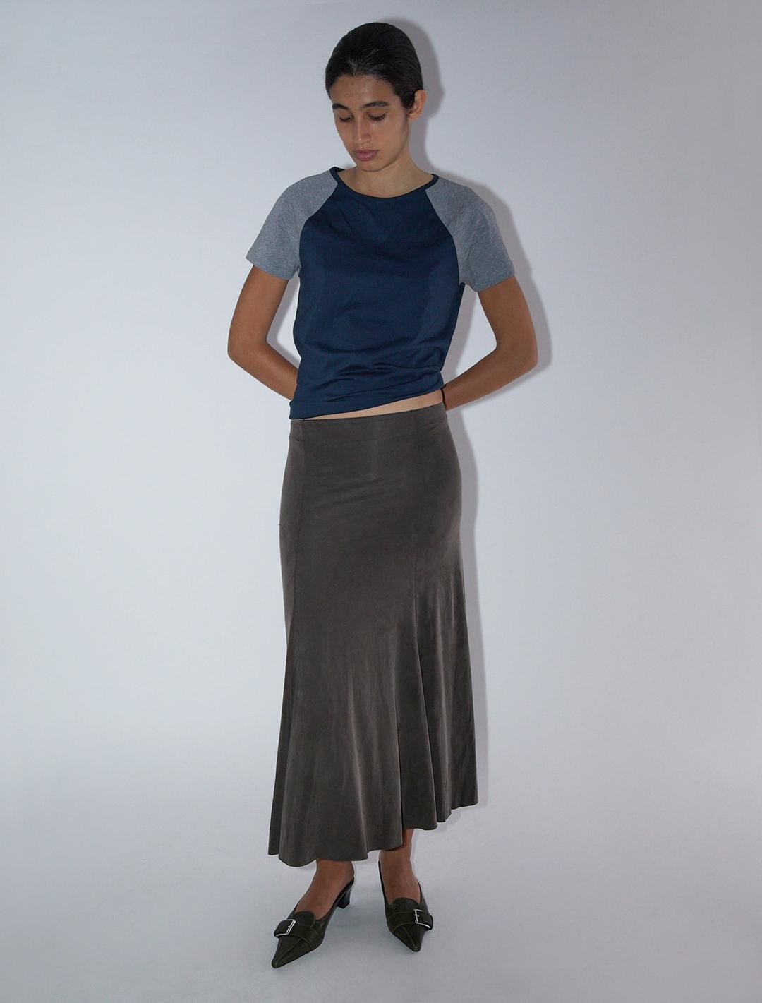 VICKY-Brown flared cupro skirt