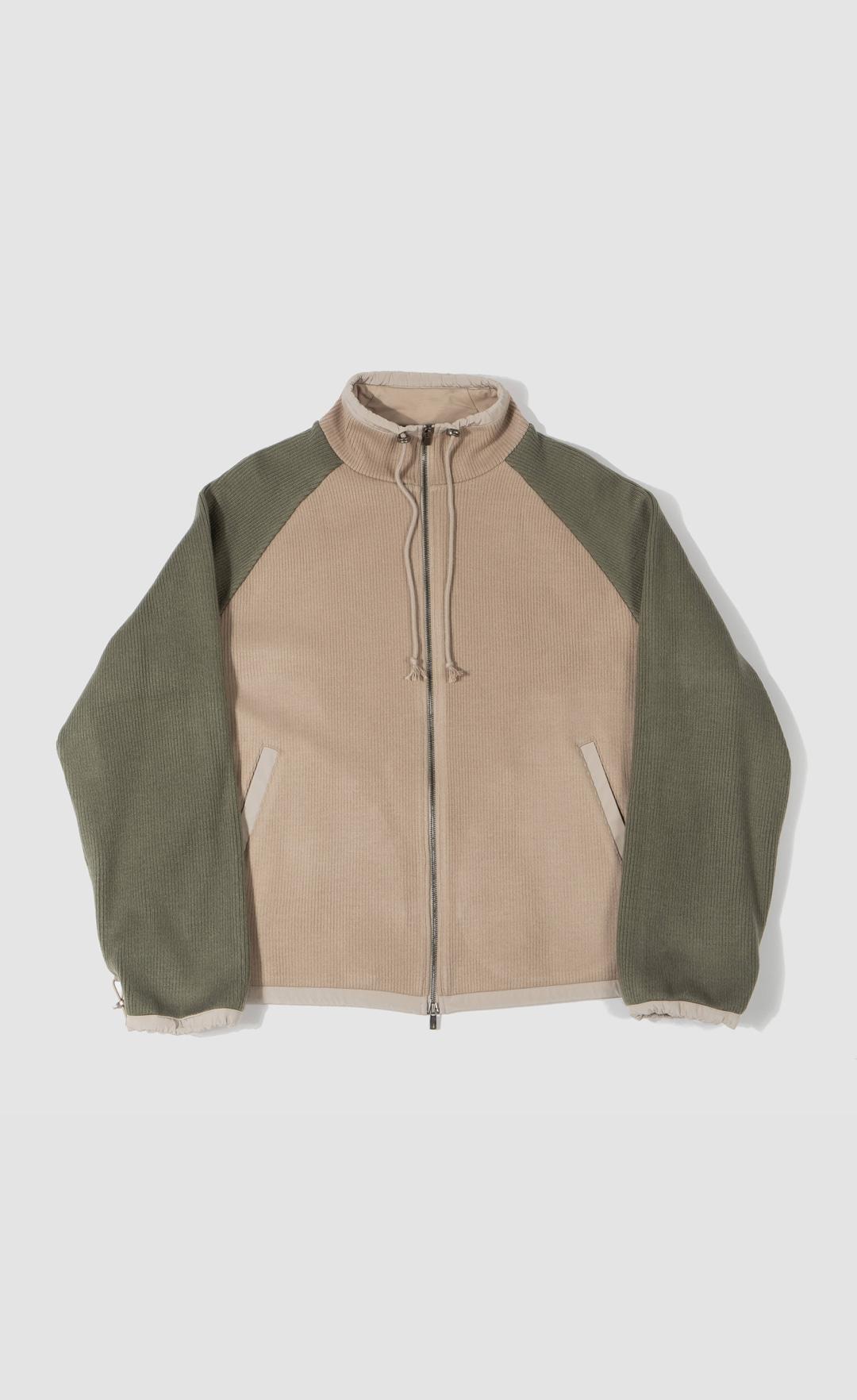 WOVEN BINDING KNIT ZIPUP / BEIGE OLIVE