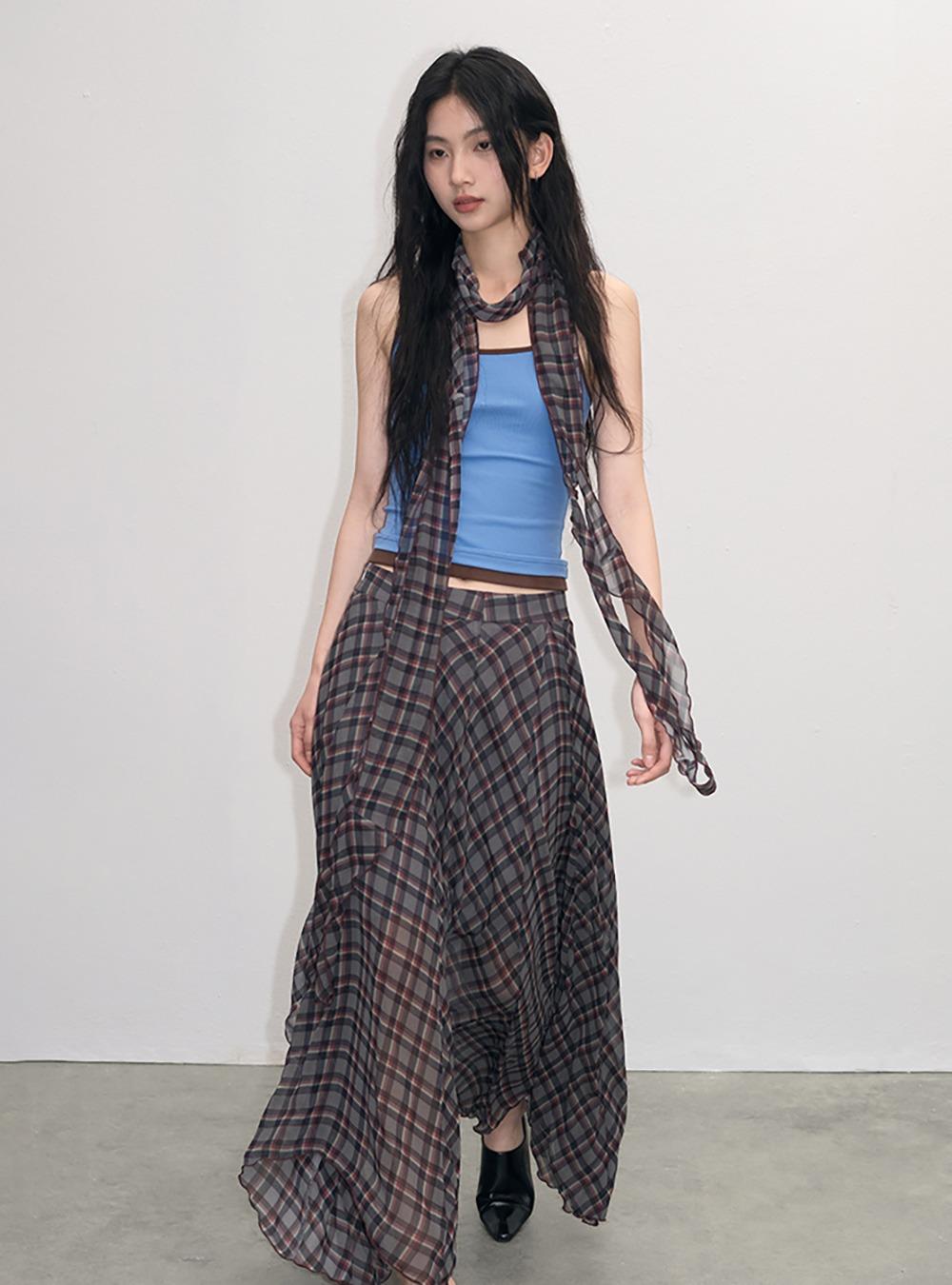Vintage Check Unbalanced A-Line Long Skirt