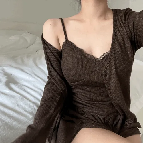 캡 나시 쓰리피스 잠옷 홈웨어 세트(brown)