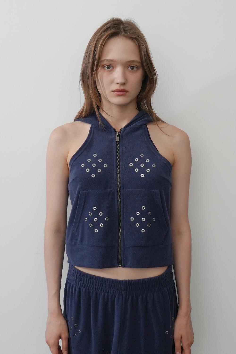 Sleeveless Terry Zip Hoddie-Navy