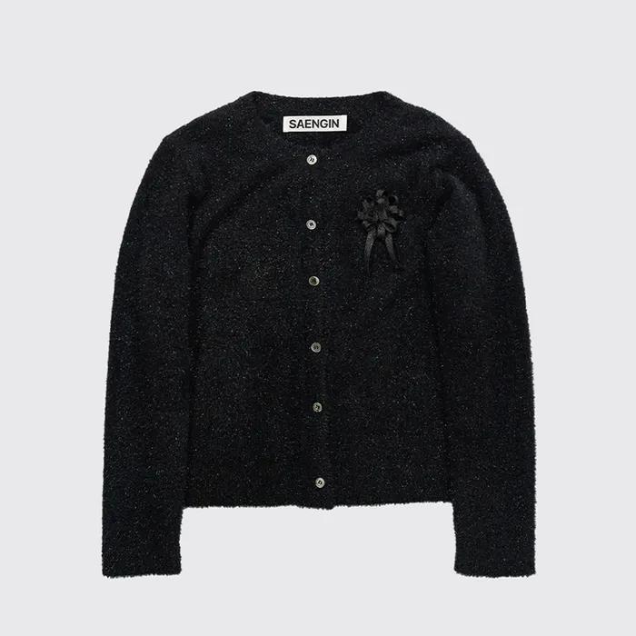 TINSEL KNIT BUTTON CARDIGAN - BLACK