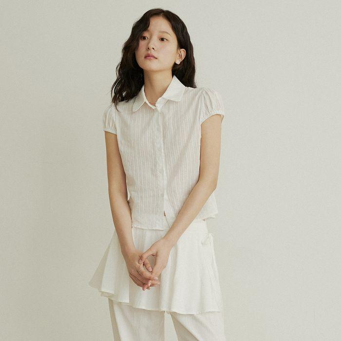 See through stripe cap sleeve blouse - white