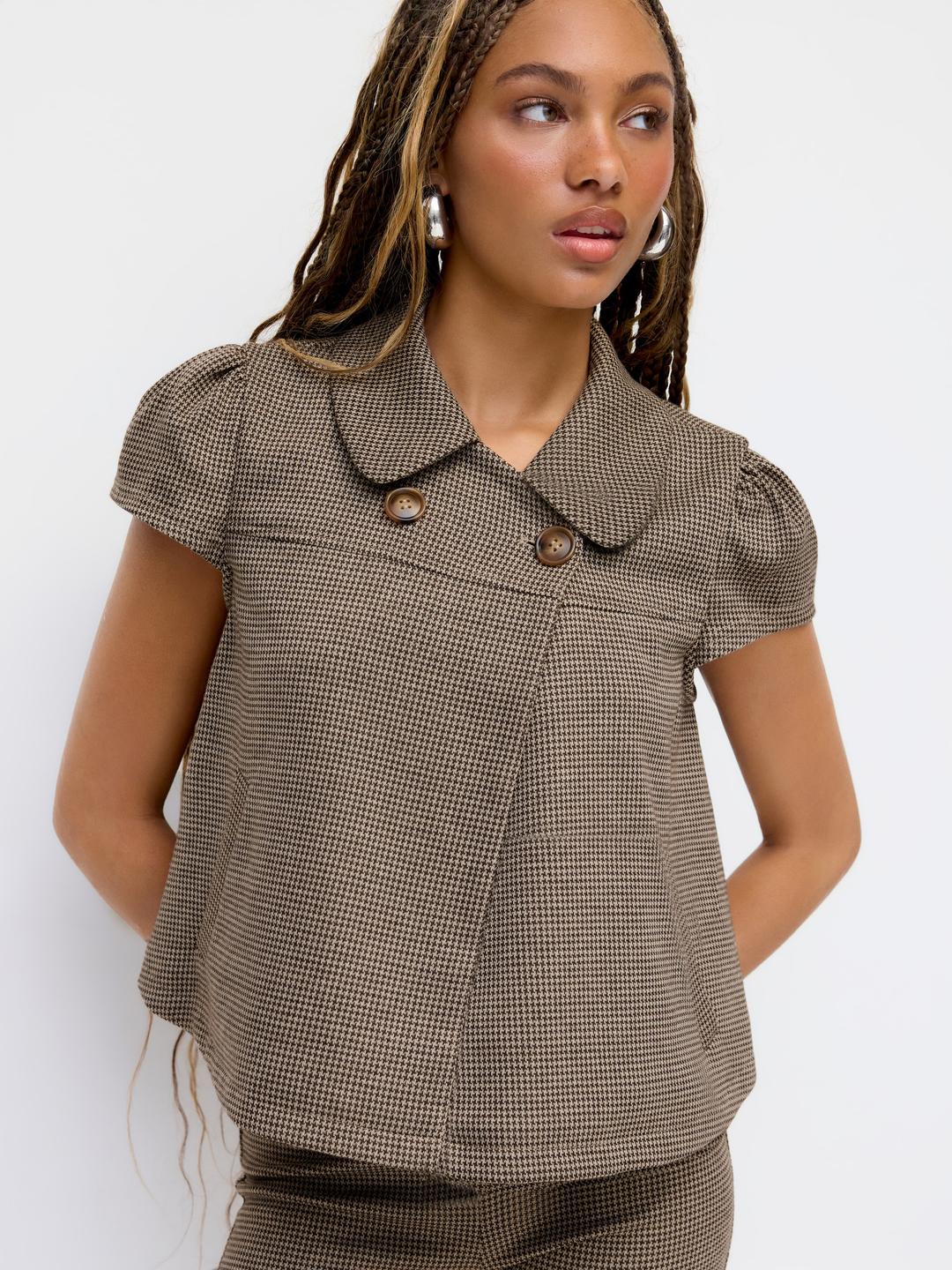 Peter Pan Collar Houndstooth Button Short Sleeve Blouse