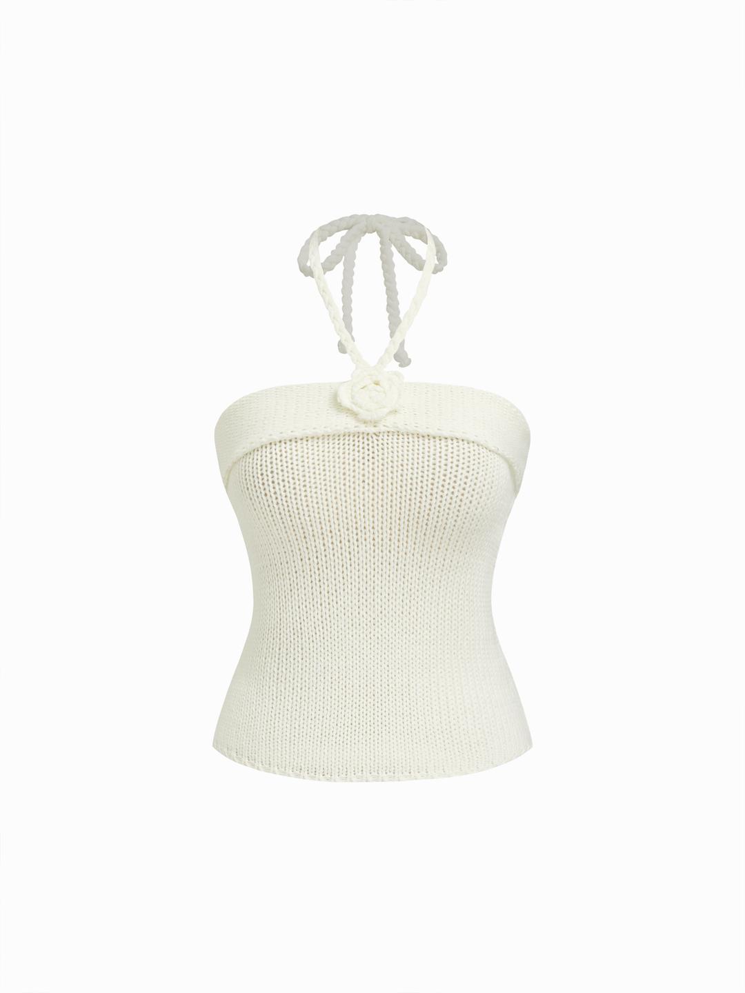 Knit Halter Neckline Rosette Backless Cami Top