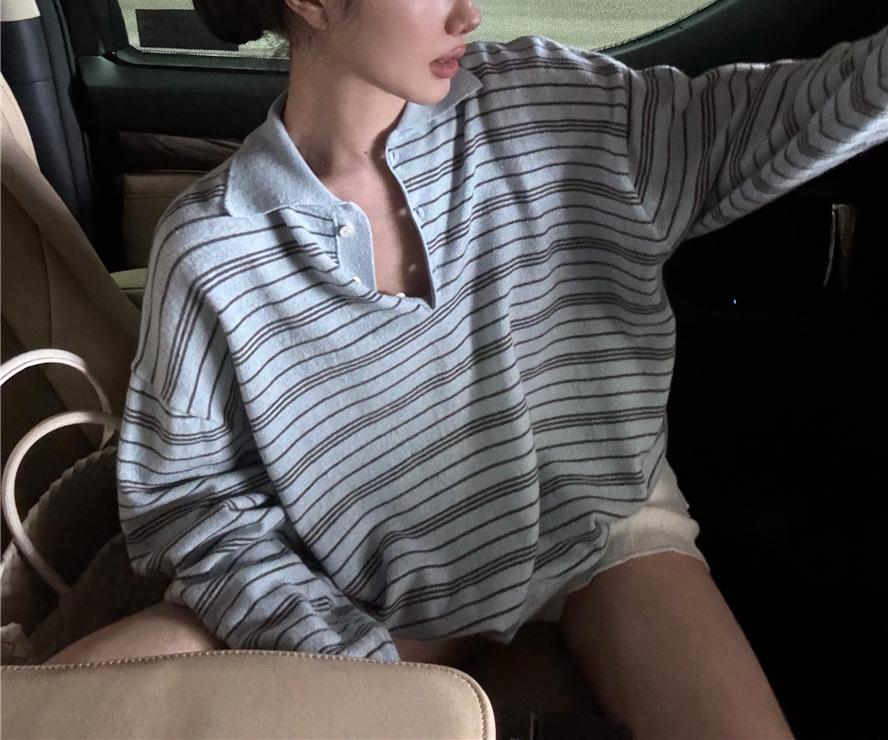 유누아 [당일배송🚀][가을신상🍂/꾸안꾸] 헨리 카라넥 PK 스트라이프 울 니트 토유