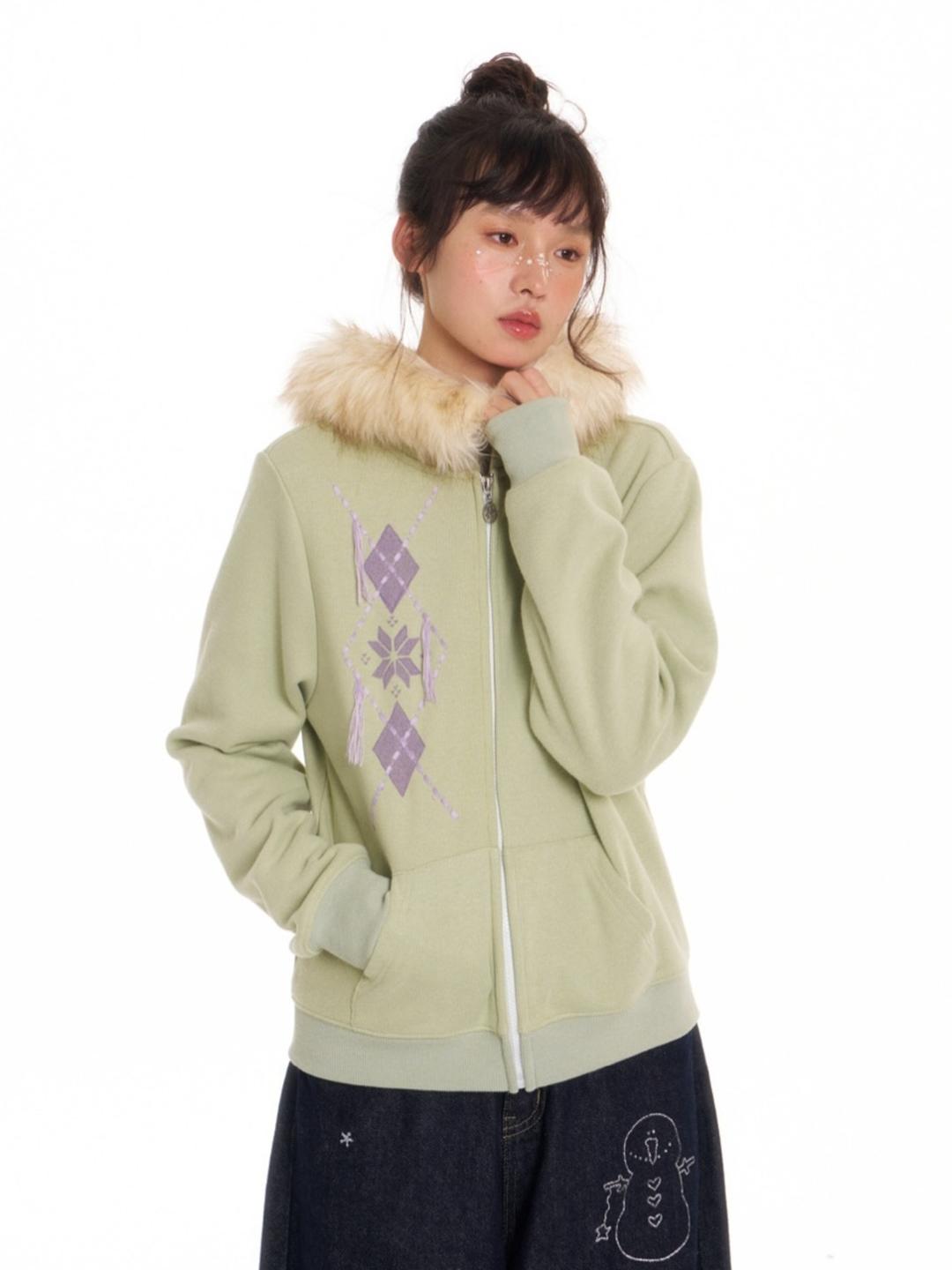 BETWEENAND Argyle Snow Fur Hoodie Zip-Up