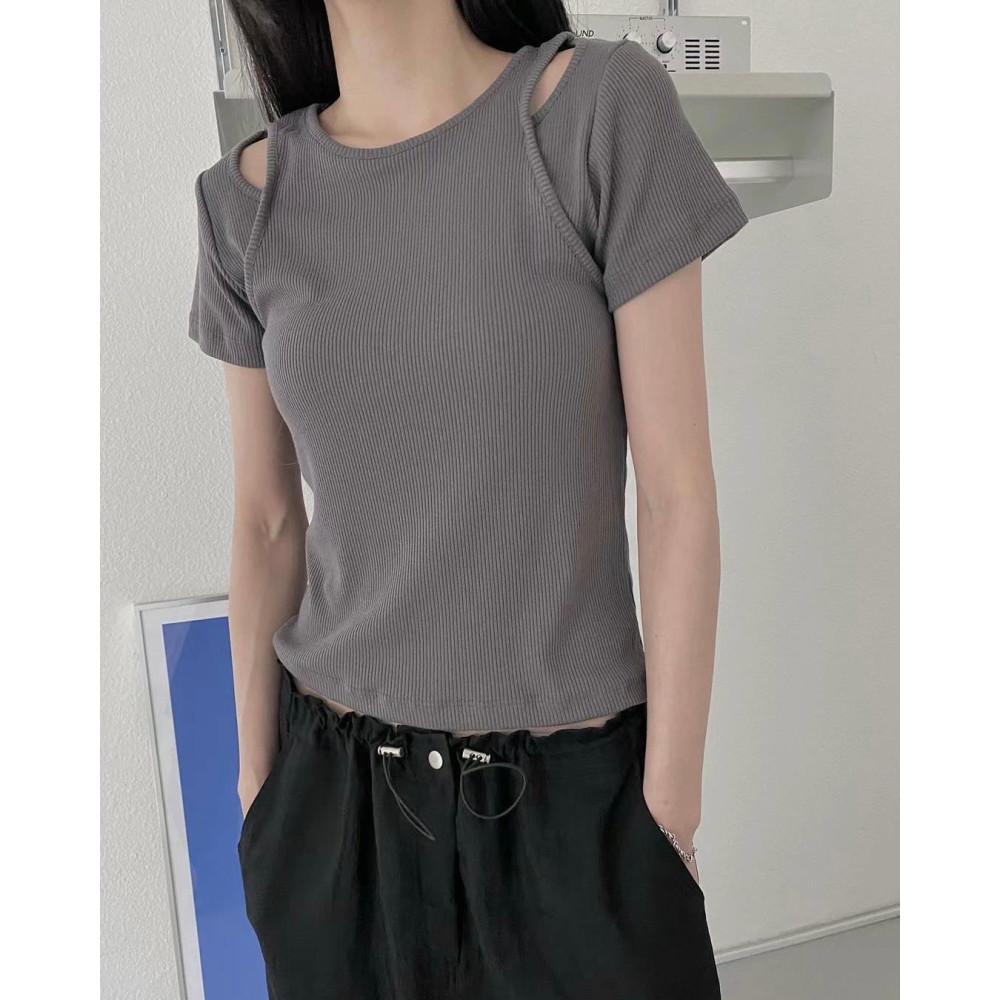 (회색 당일) unsane 언세인 레이어 반팔 티셔츠 컷아웃 트임 골지 t (4colors)