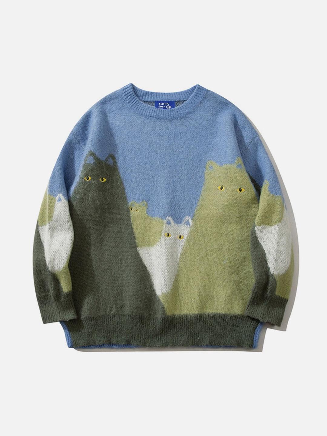 Aelfric Eden Color Blocking Cat Embroidery Wool Blend Sweater - Blue / XS