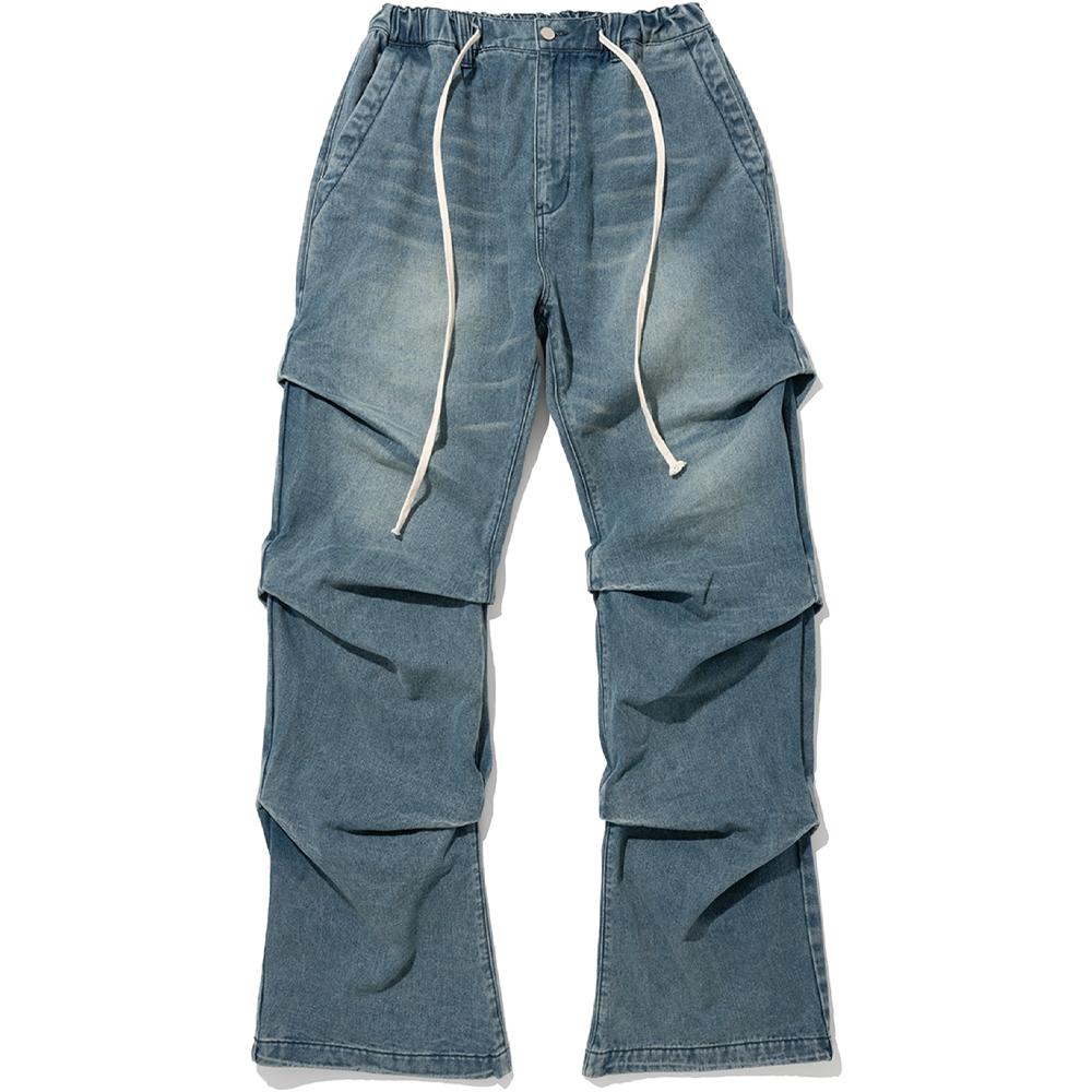 Shirring Wide Leg Denim Pants - Deep Blue