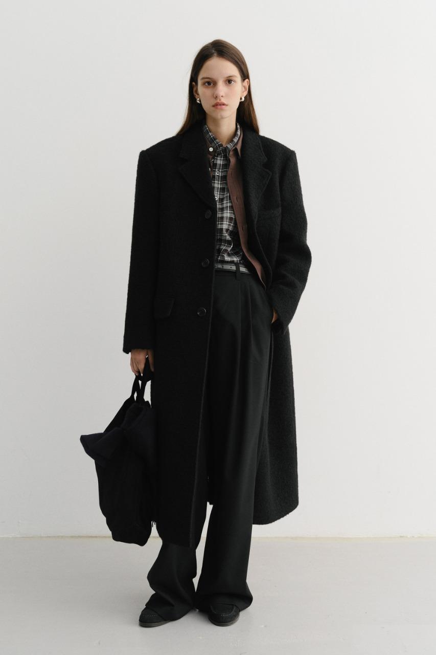 UNISEX 2-WAY 3 BUTTON BOUCLE WOOL COAT BLACK