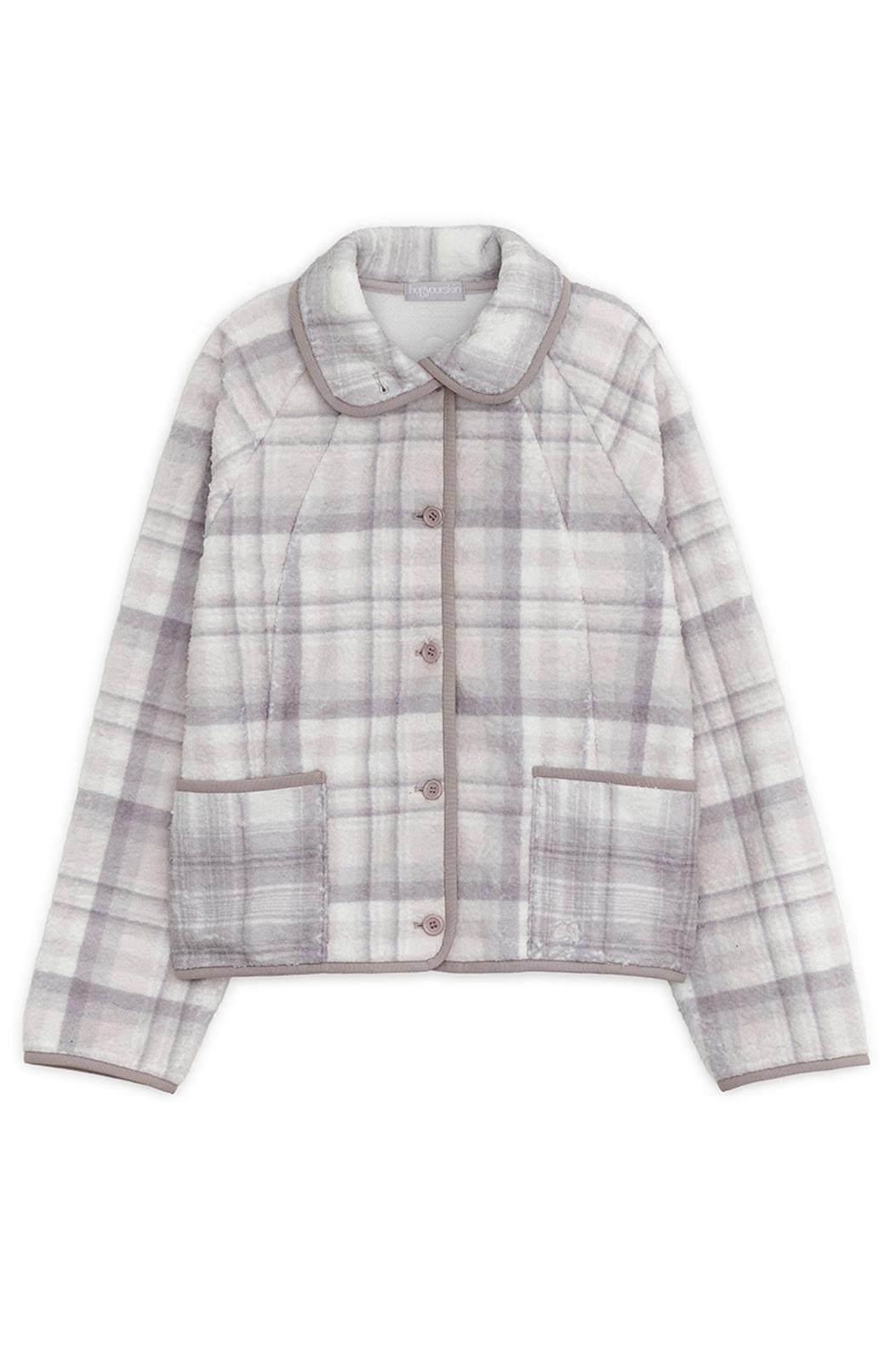 Round collar check fleece jacket (Pink gray)
