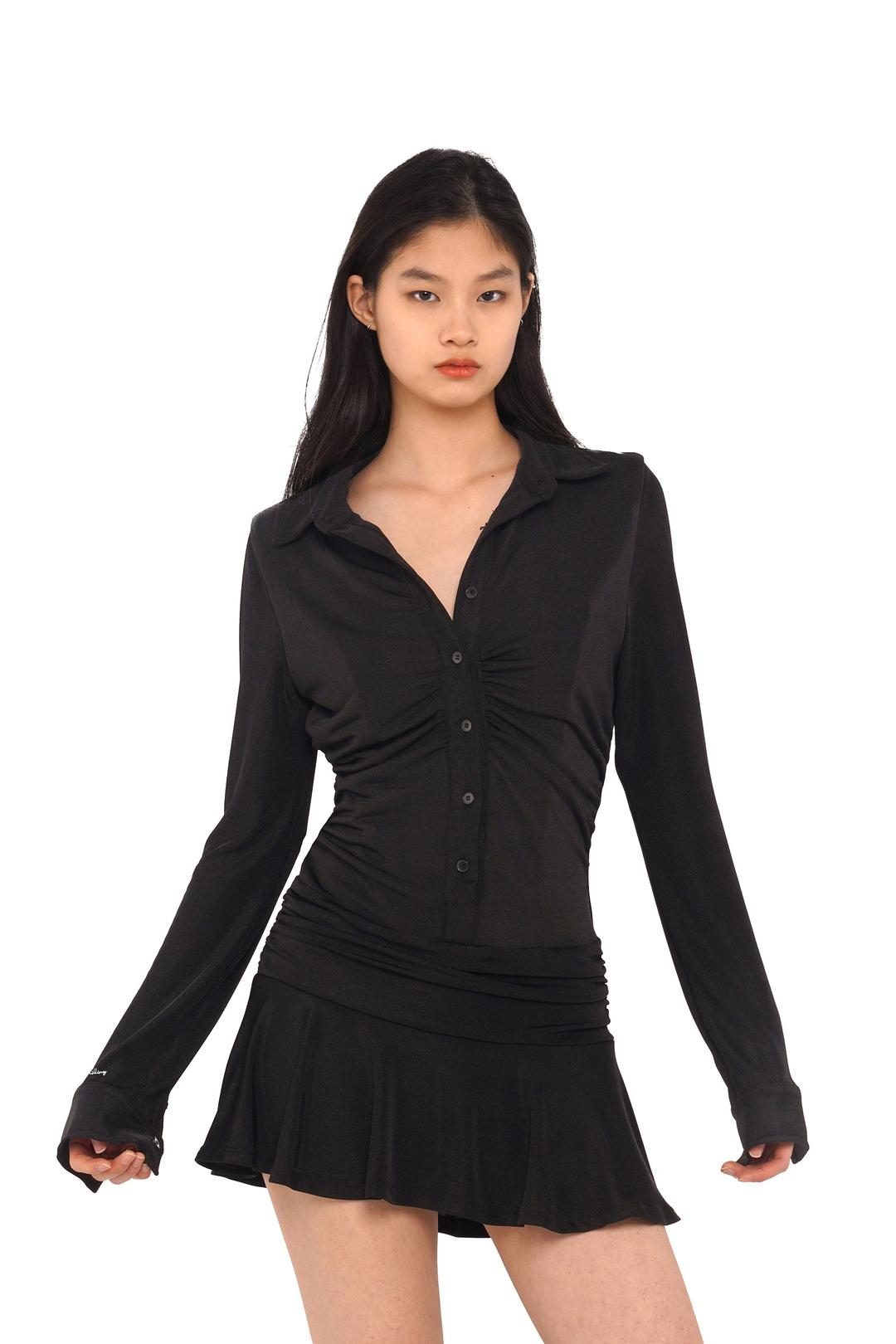 RUCHED SIDE  SHIRT MINI DRESS - Black / S