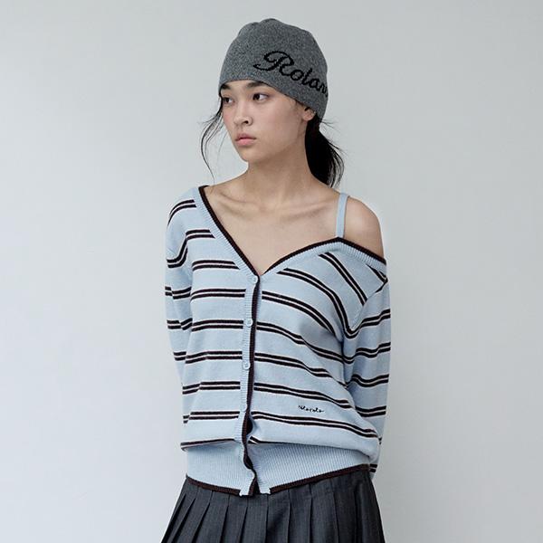 로라로라 ONE OFF SHOULDER STRIPE WOOL BLENDED CARDIGAN BLUE