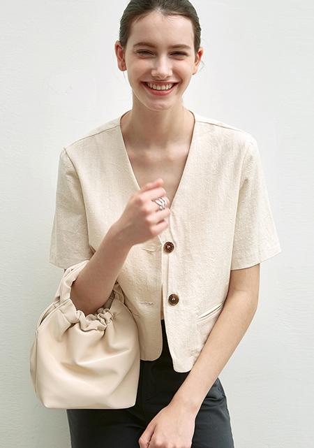 NOCOLLAR HALF SLEEVE JACKET_OATMEAL