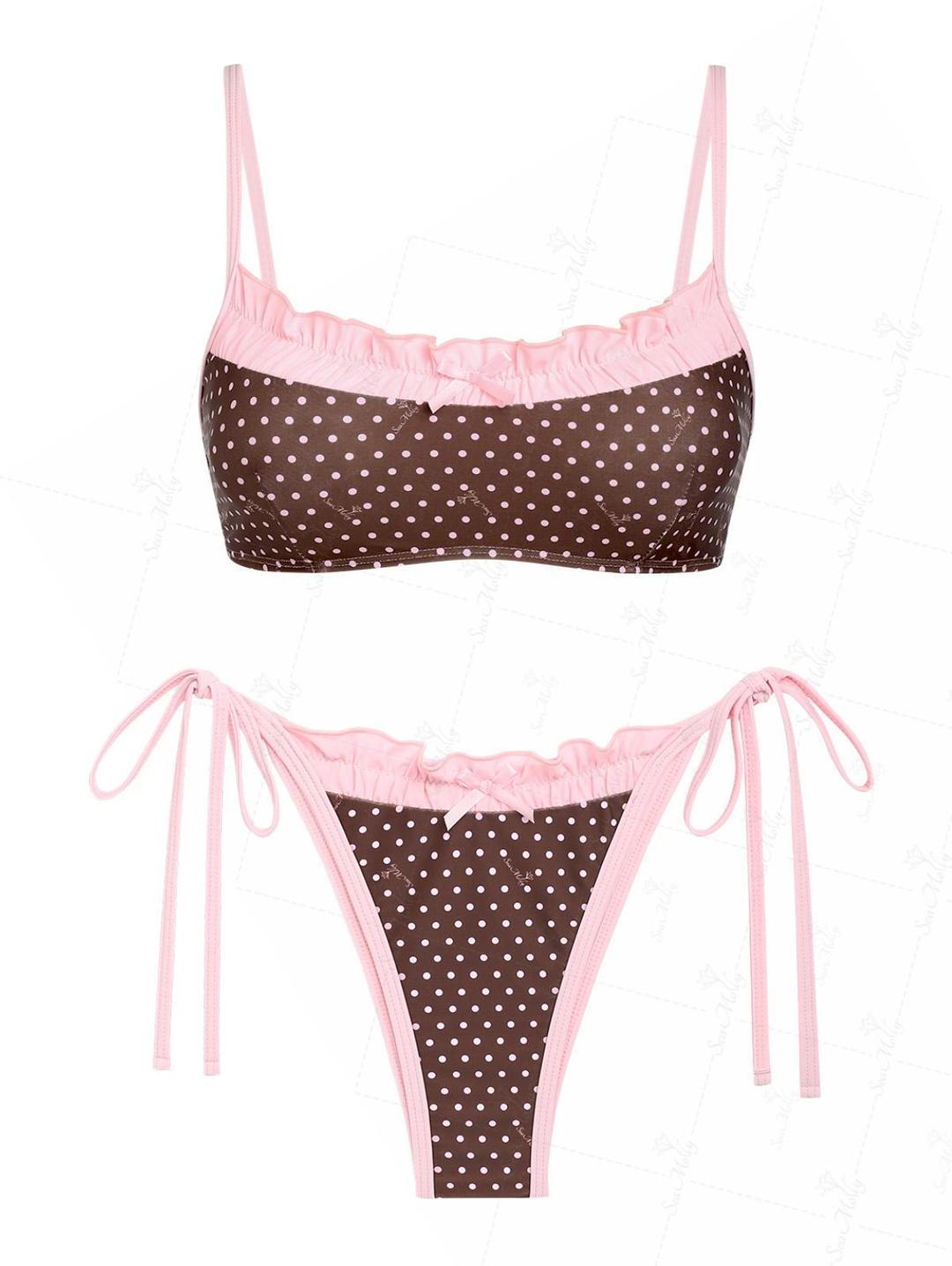 Seamolly 폴카 도트 프린트 대비 주름 주름 장식 리본 장식 타이 사이드 비키니 세트