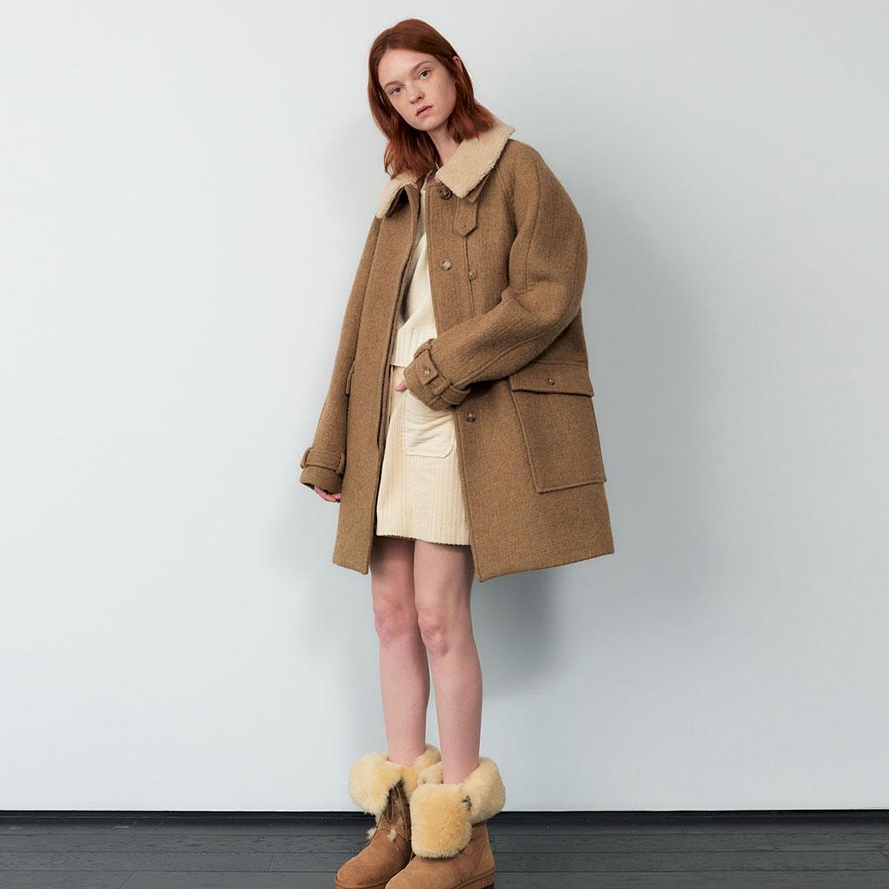 24 Fall_ Y/Brown Half coat [Ecru Shearling Collar]