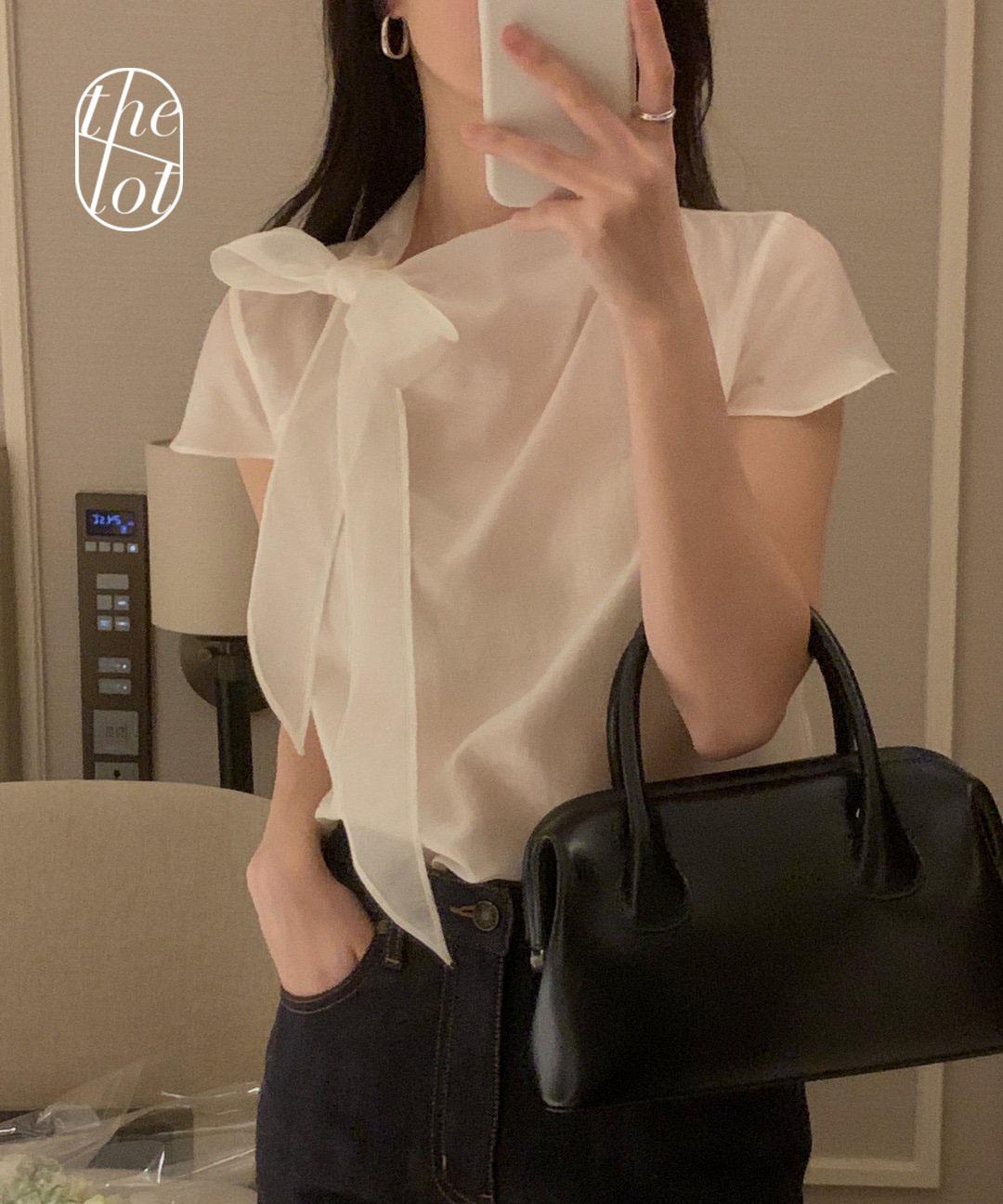 더롯 (당일) [osro] 오스로 샤샤 타이 리본 반팔 블라우스 캡 시스루 텐셀 셔츠 여름 하객룩 (3color) (여름신상)