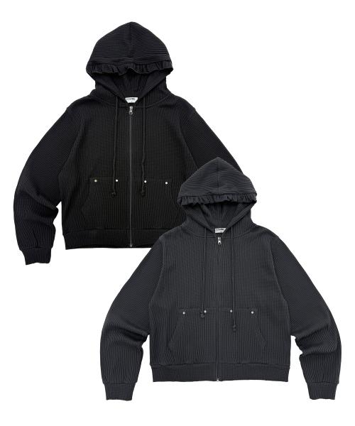 해시 스터드 와플 프릴 후드 집업_2COLOR