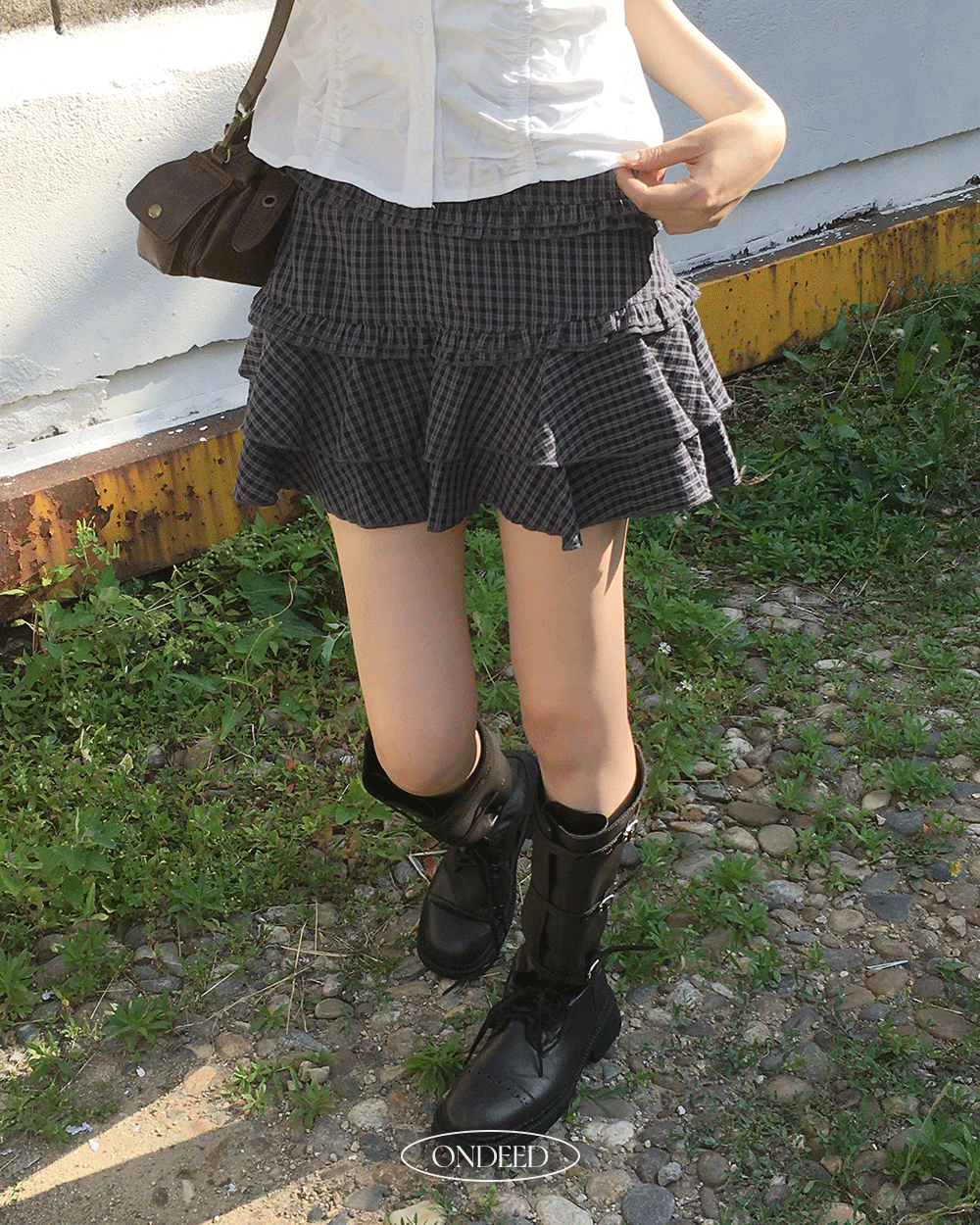 온디드 퓨즐 체크 프릴 캉캉 빈티지 시어서커 미니 스커트
