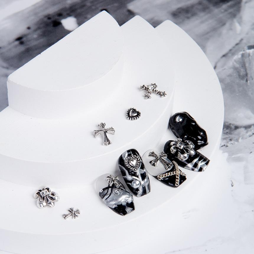 뷰젤 실버 메탈 십자가 하트 지르콘 네일파츠 6종 선택