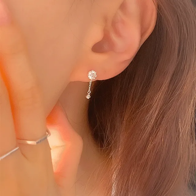 실버925 큐빅 드롭 여리체인 귀걸이 (실버 로즈골드)