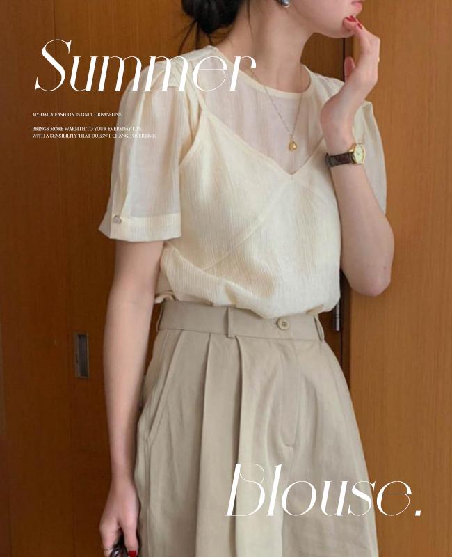 어반라인 [세트구성/볼륨감있는/얇은원단] 2way 시스루 여리핏 뷔스티에 나시 + 반팔 블라우스 set - 2color