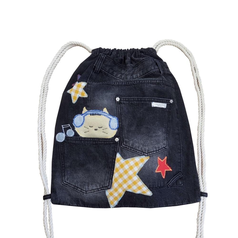 (또별 1차) 흑청 스트링 백팩 패치워크 업사이클링 데님 빈티지 데일리