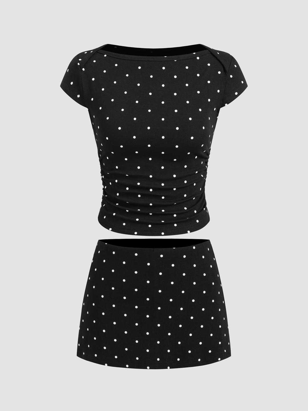 Cotton-blend Boat Neck Polka Dot Ruched Tee & Mini Skort