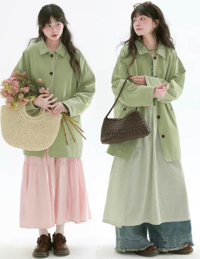 EPIC RARE 버튼다운 라펠 미디 코트 (그린)