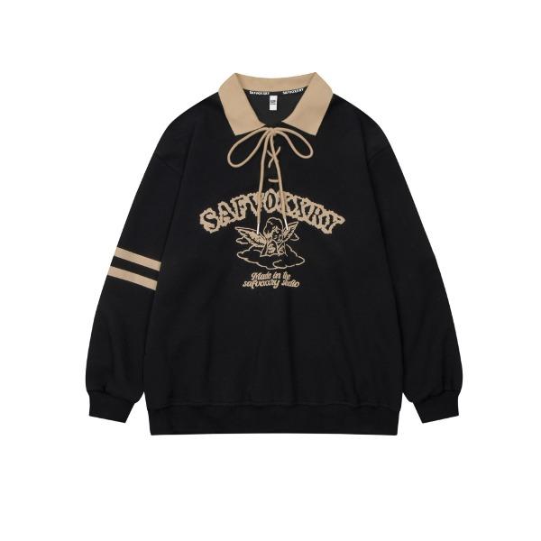 (당일발송/특가) 가바바 남녀공용 천사 프린팅 리본 매듭 오버핏 긴팔 티셔츠 G77468 (빅사이즈 S~XL)